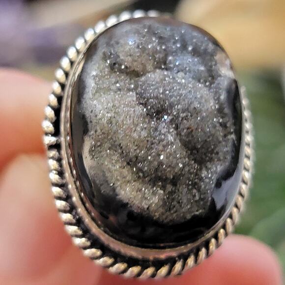 Black Druzy Quartz Statement rings, Sterling Silver Ring, Size 8 - Picture 10 of 10
